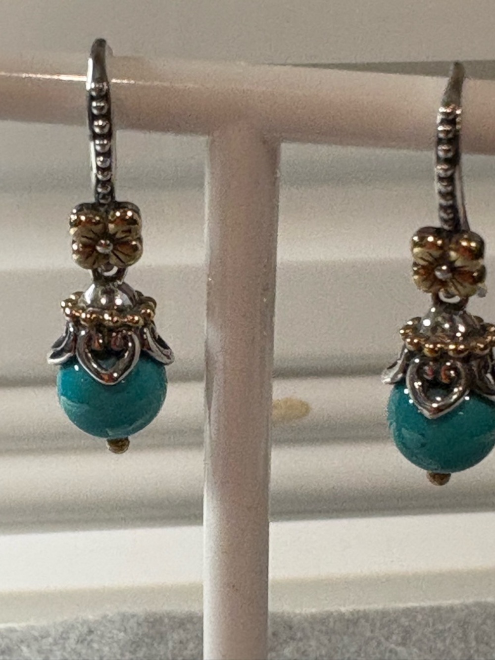 Barbara Bixby Turquoise Bead Drop Earrings with Silver and Gold Floral Accents
